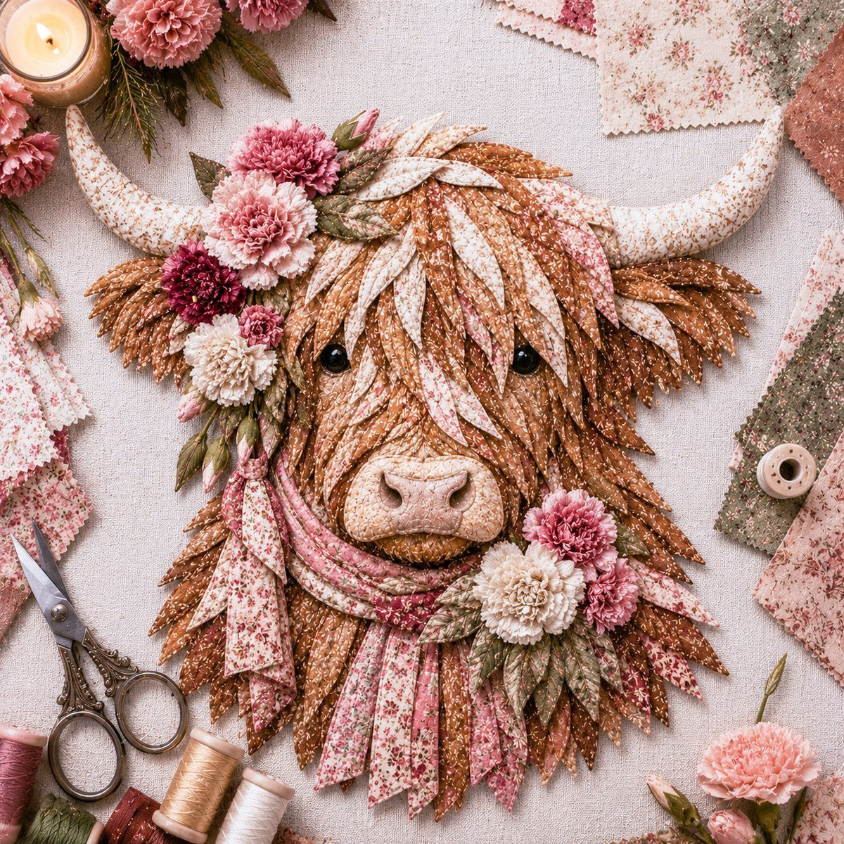 🐮💐🌸 Birth Flower Highland Cow 3D Layered Fabric Art DIY Kit (Beginner-friendly) 🔥 Buy 2 Free Shipping