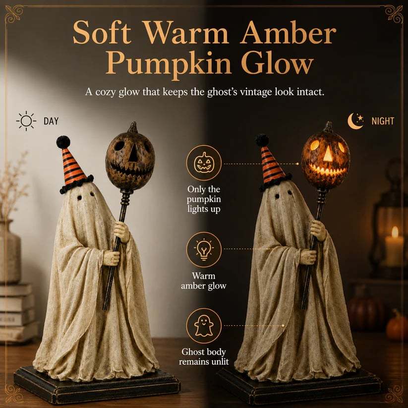 🎃Lighted Vintage Ghost Figurine with Glowing Pumpkin Staff