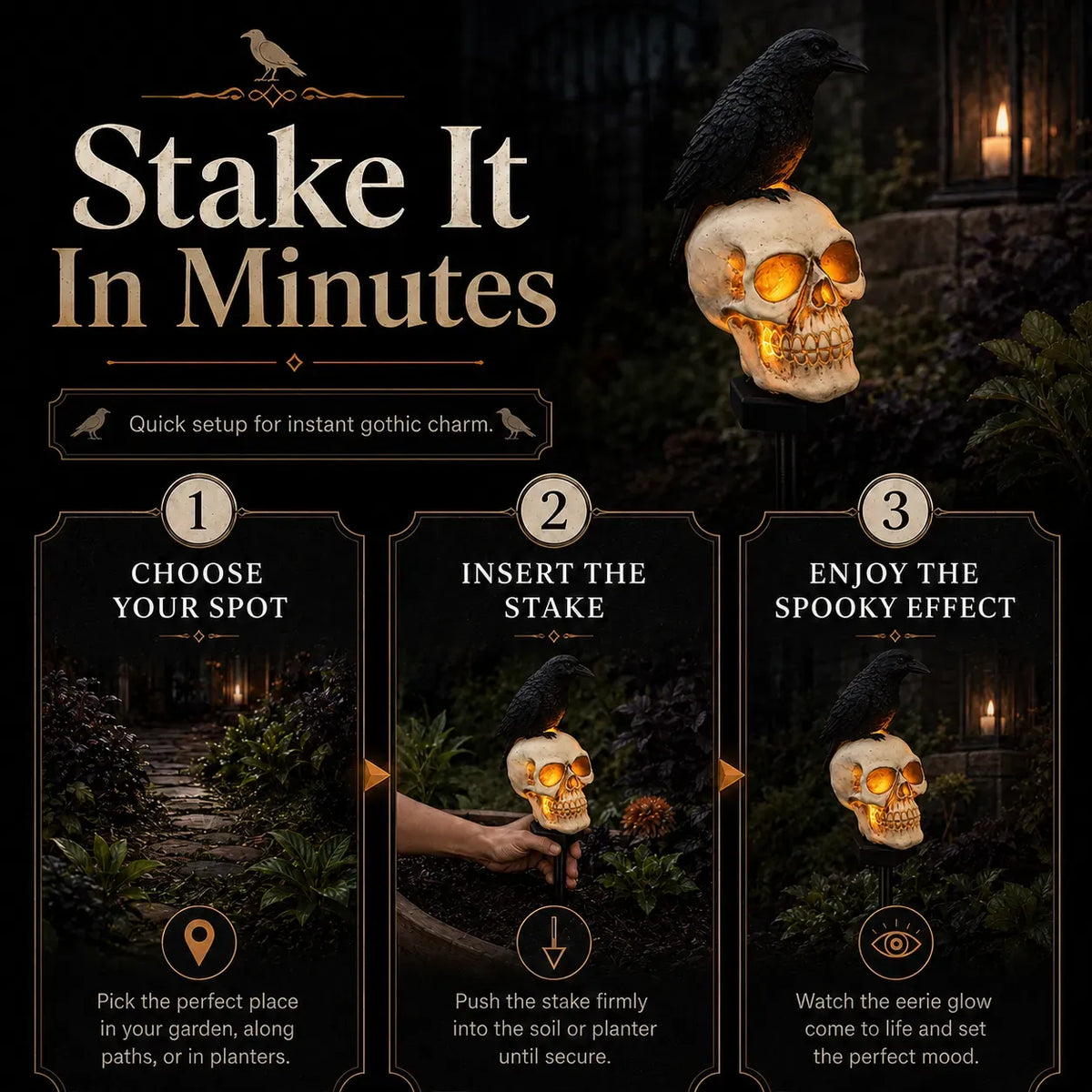 🐦‍⬛Solar Powered Animated Raven Skull Garden Spike💀 | Halloween Garden Decoration For Outdoor Use