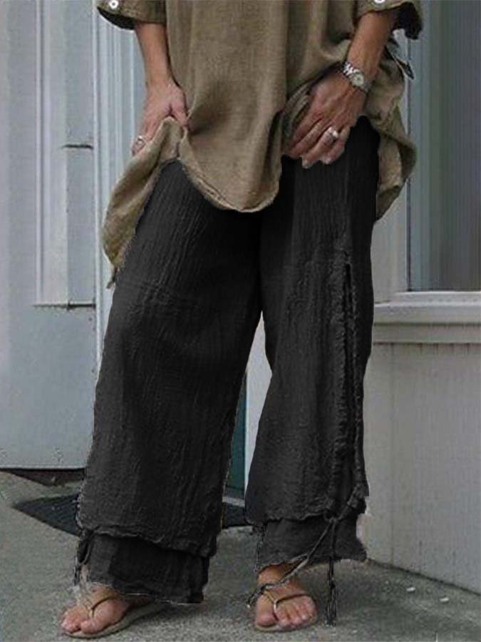 Women's Cotton and Linen Double Drawstring Wide Leg Pants