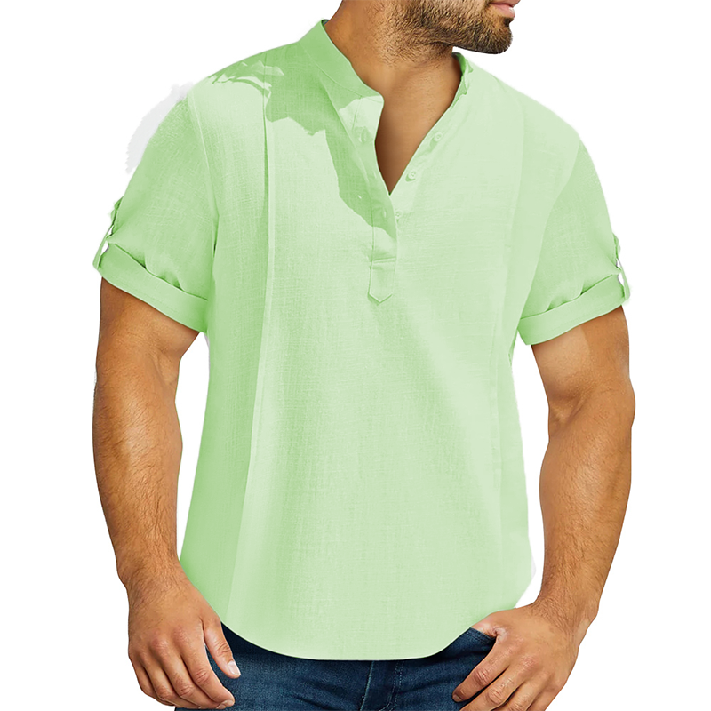 Men's linen cotton Henley shirt casual shirt short sleeve T shirt