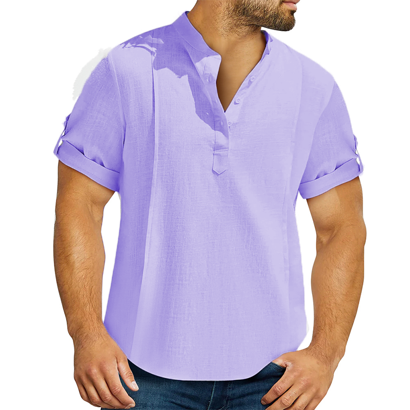 Men's linen cotton Henley shirt casual shirt short sleeve T shirt