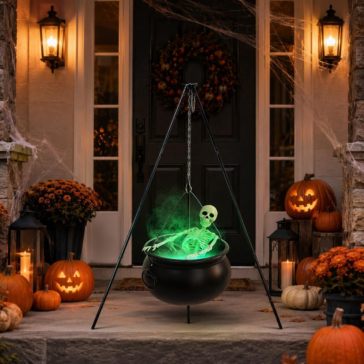 Large Witches Cauldron on Tripod with Cauldron Diffuserr and Big Skeleton