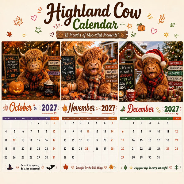 2027 Funny Highland Cow Wall Calendar | A4 Hanging Calendar
