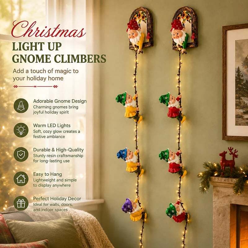 🎄Handmade Climbing Gnome Christmas StringLights, Indoor OutdoorWall Hanging Holiday Decor