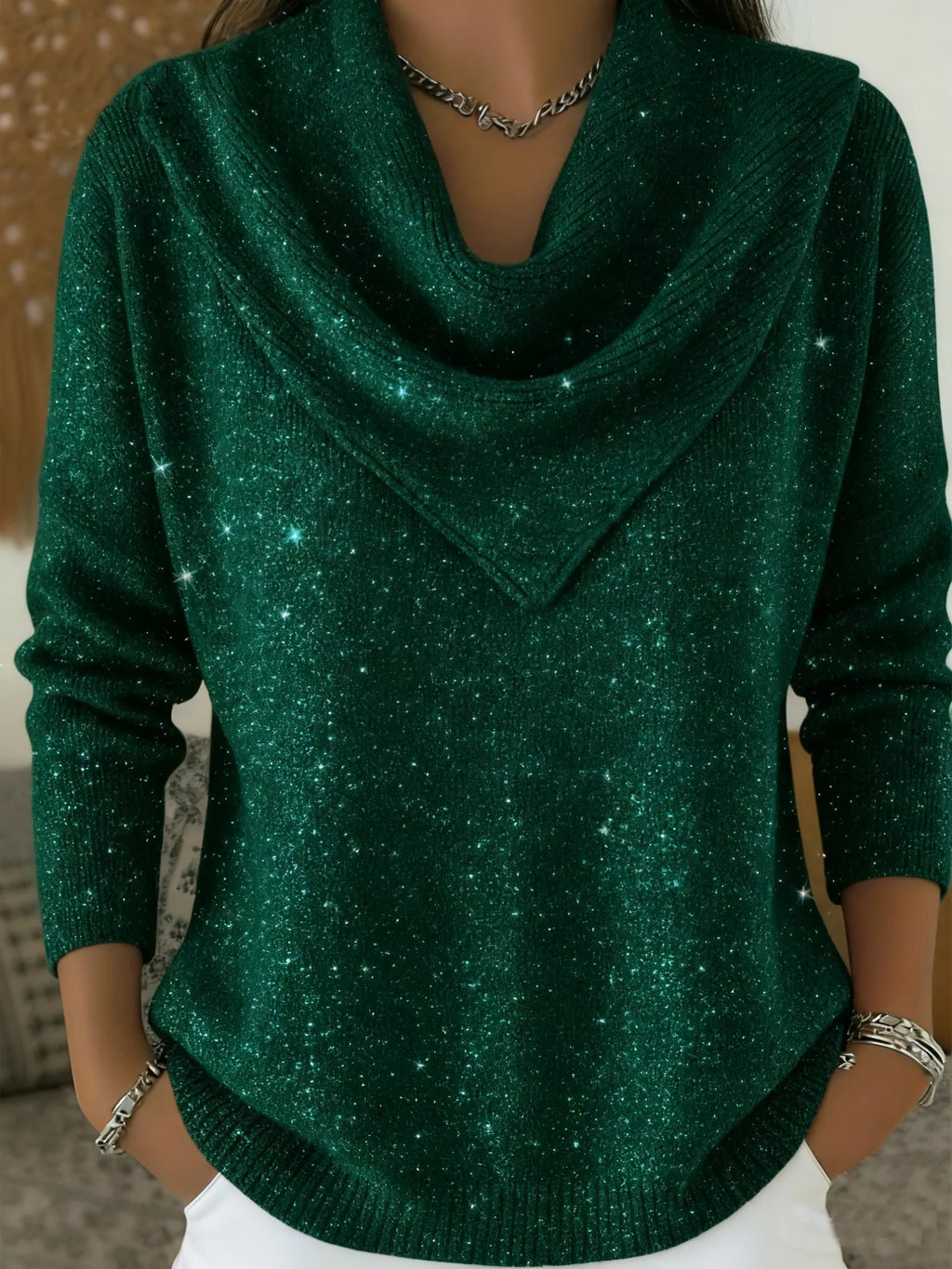 🎄 CLEARANCE SALE🔥 Vintage Soft Triangle Neck Sequined Shiny Sweater Top