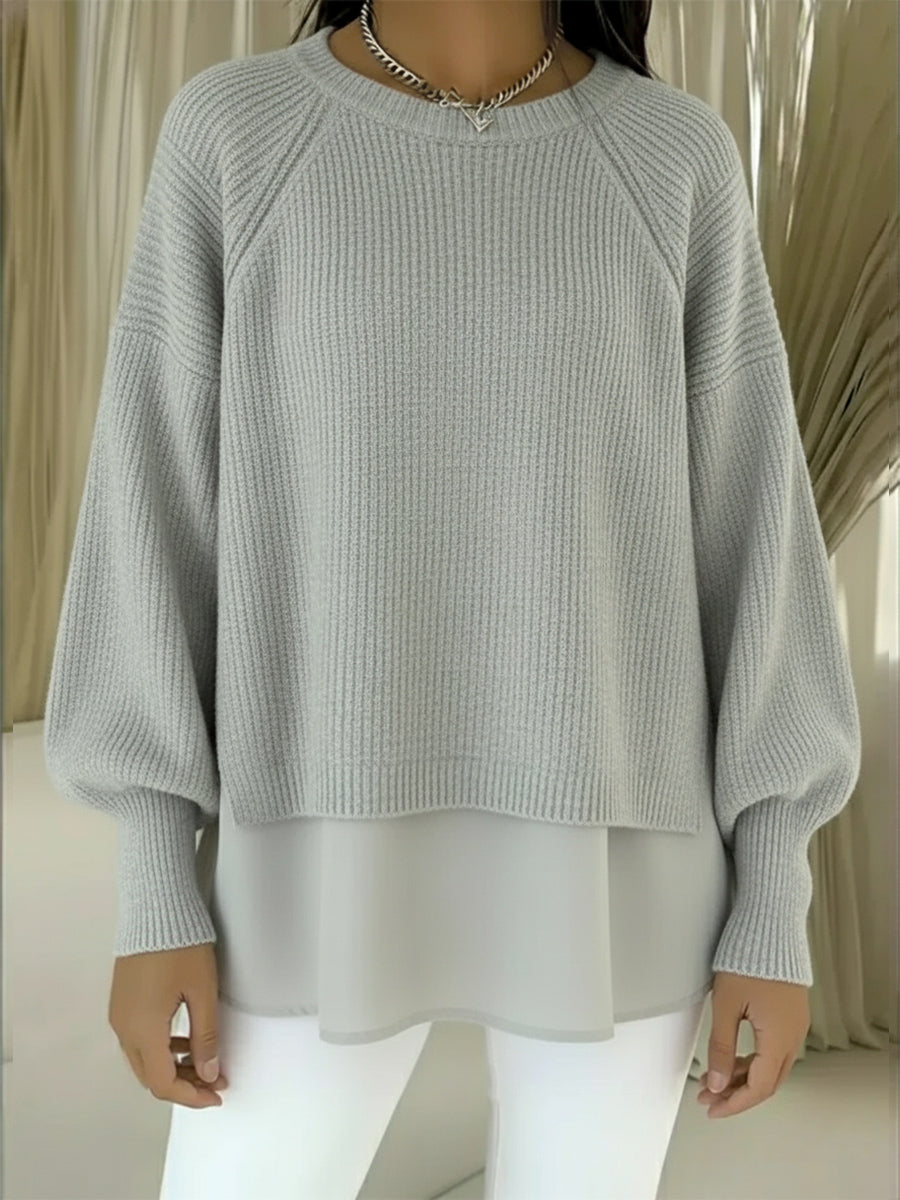 CLEARANCE SALE🔥 Women's Comfortable Patchwork Faux Two-piece Lantern Sleeve Sweater
