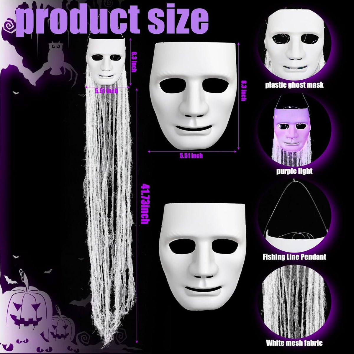 Halloween Decorations Outdoor Hanging Ghost White Masks with Purple LED Lights