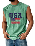 Men's Everyday Vintage American Independence Day Flag Printed Crew Neck Sleeveless Tank Top