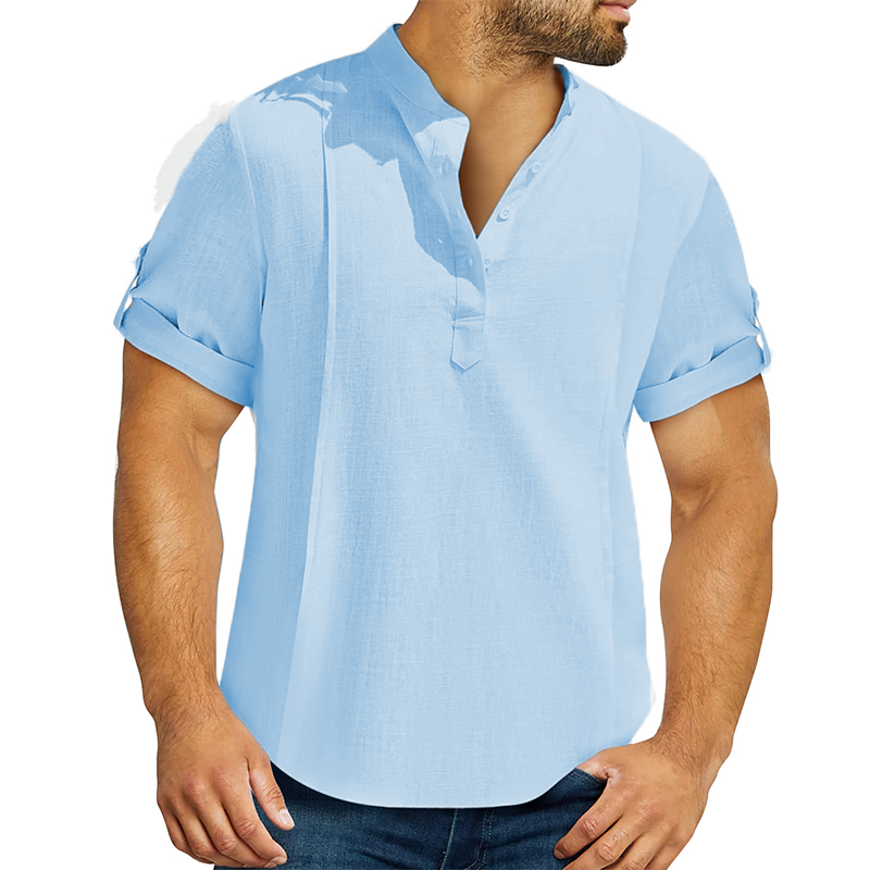 Men's linen cotton Henley shirt casual shirt short sleeve T shirt