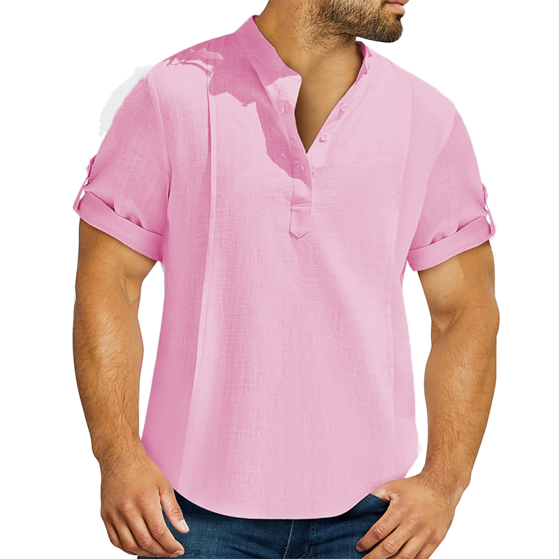 Men's linen cotton Henley shirt casual shirt short sleeve T shirt