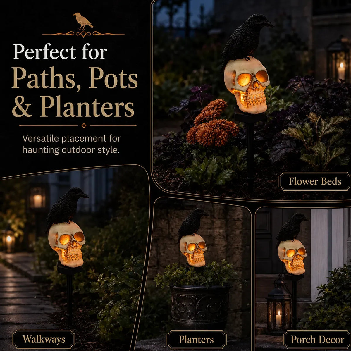 🐦‍⬛Solar Powered Animated Raven Skull Garden Spike💀 | Halloween Garden Decoration For Outdoor Use