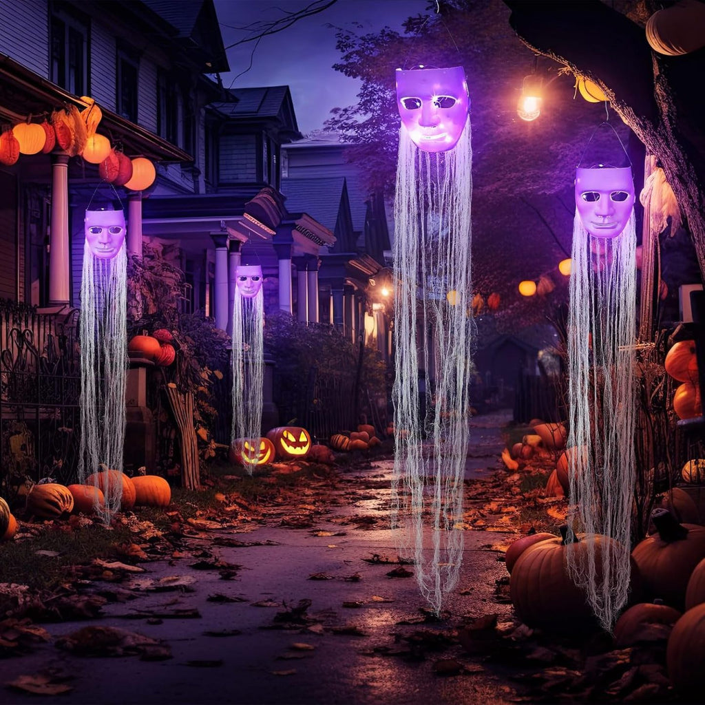Halloween Decorations Outdoor Hanging Ghost White Masks with Purple LED Lights