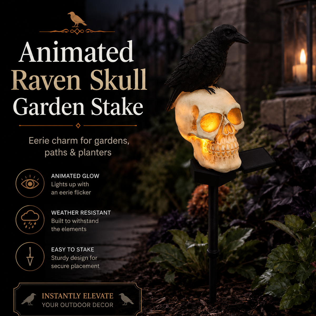 🐦‍⬛Solar Powered Animated Raven Skull Garden Spike💀 | Halloween Garden Decoration For Outdoor Use