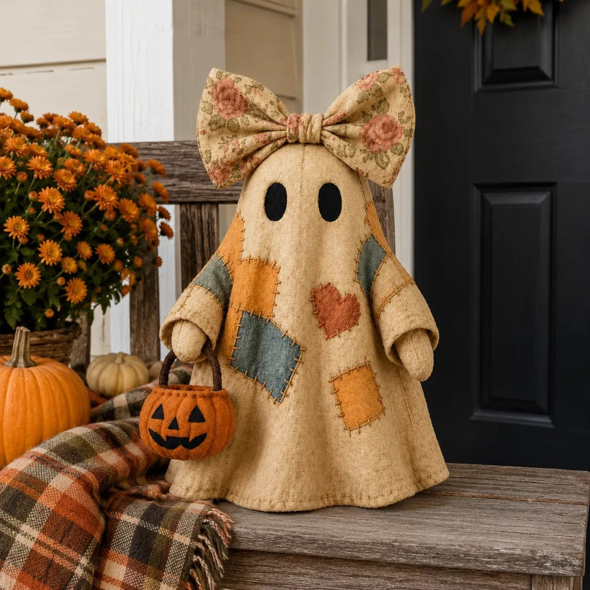 🔥Hot Sale 49% OFF🔥🍂 Vintage Patchwork Light-Up Ghost with Glowing Pumpkin Pail