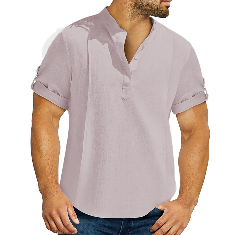 Men's linen cotton Henley shirt casual shirt short sleeve T shirt