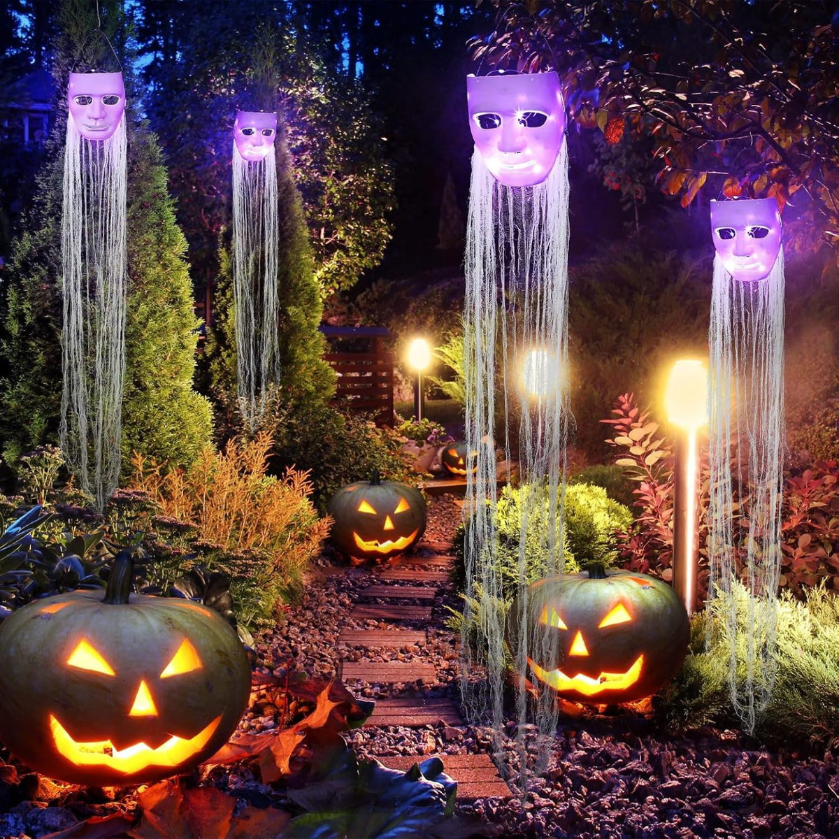 Halloween Decorations Outdoor Hanging Ghost White Masks with Purple LED Lights
