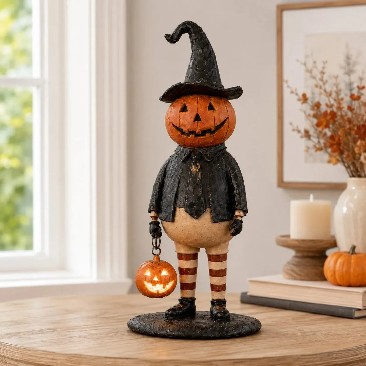 🔥HOT SALE 50% OFF🎃Halloween Pumpkin Head Figurine with Lighted Handheld Pumpkin Lantern