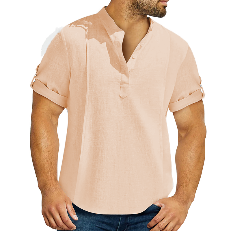 Men's linen cotton Henley shirt casual shirt short sleeve T shirt