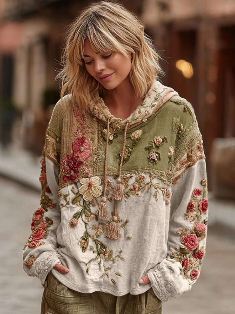 Women's Vintage Floral Patchwork Color Block Hoodie