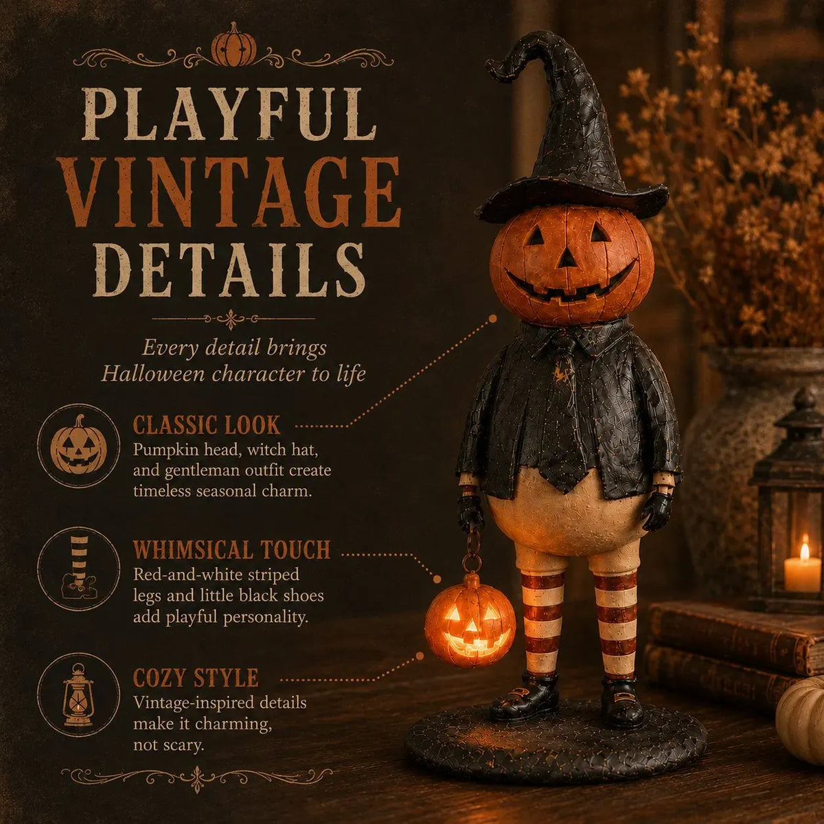 🔥HOT SALE 50% OFF🎃Halloween Pumpkin Head Figurine with Lighted Handheld Pumpkin Lantern