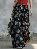 Women's Floral Print Cotton-linen Wide-leg Pants With Elastic Waist