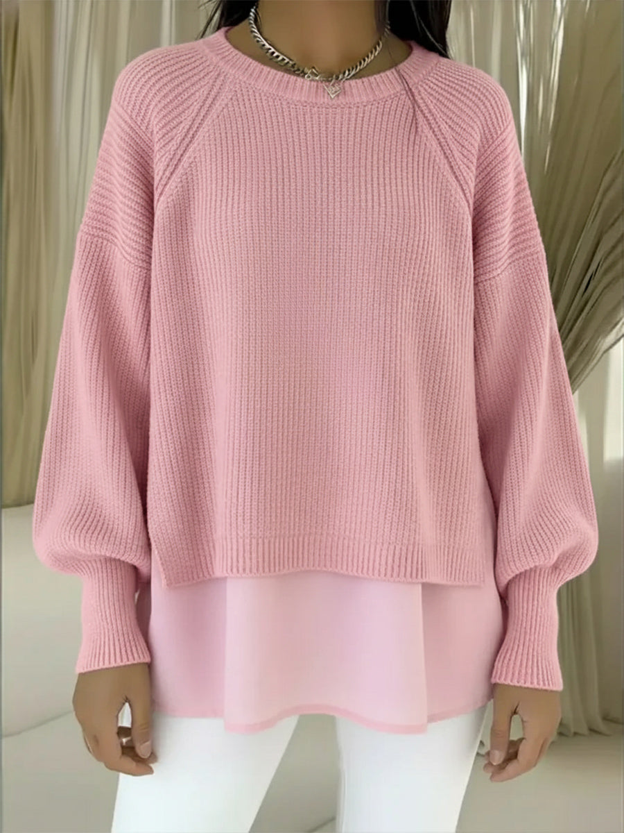 CLEARANCE SALE🔥 Women's Comfortable Patchwork Faux Two-piece Lantern Sleeve Sweater