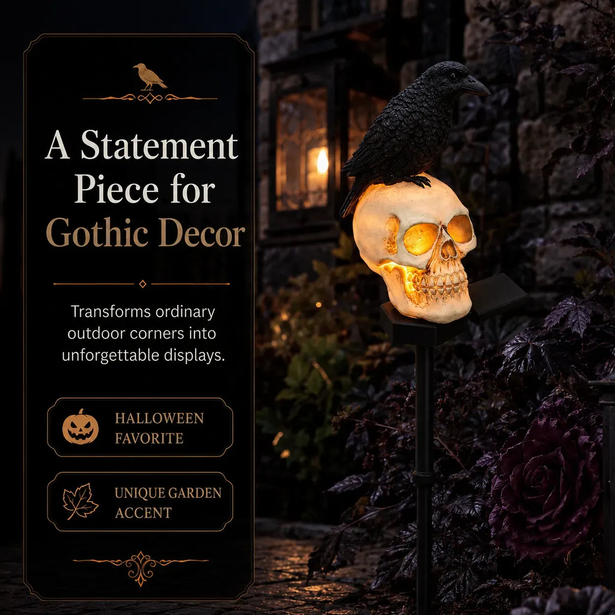 🐦‍⬛Solar Powered Animated Raven Skull Garden Spike💀 | Halloween Garden Decoration For Outdoor Use