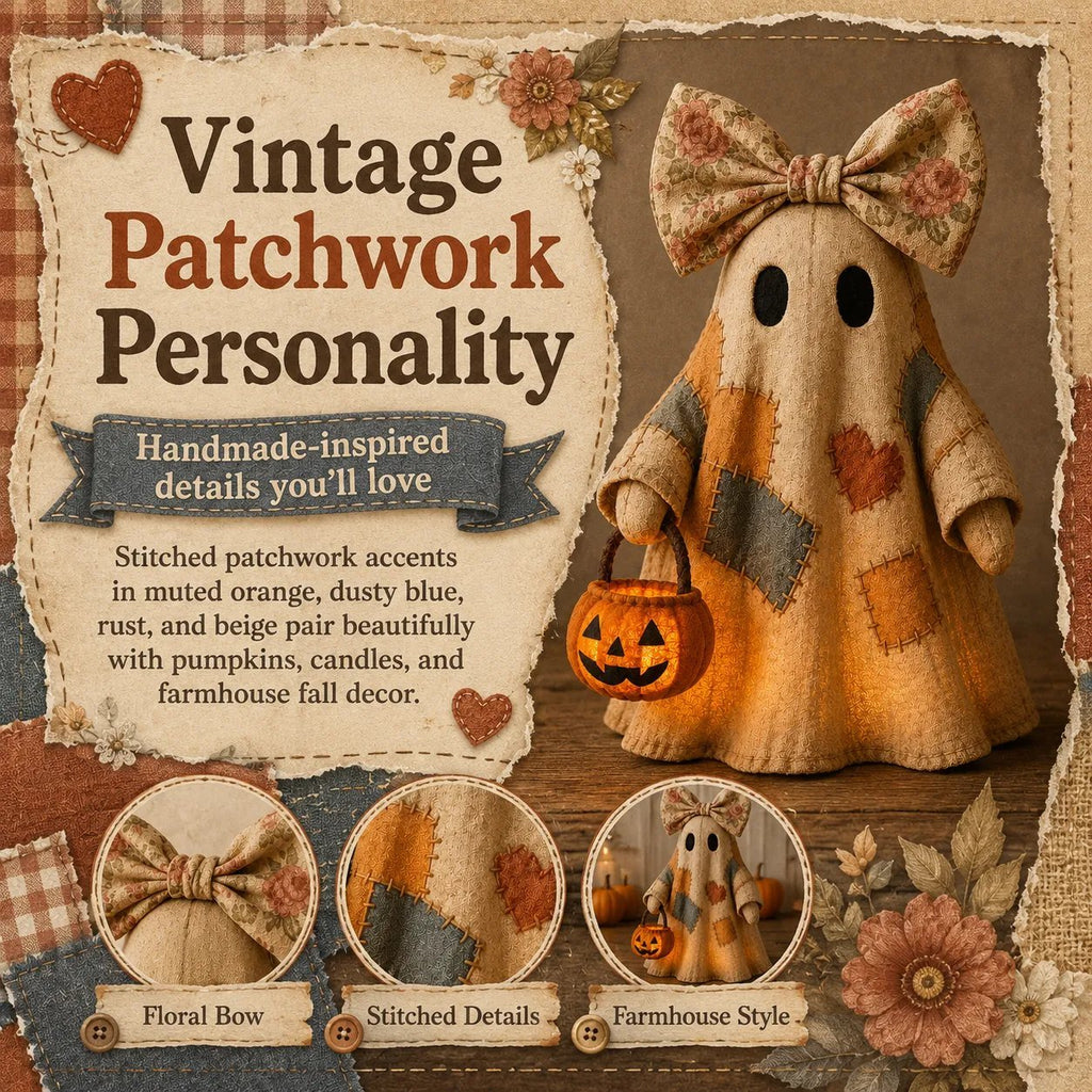 🔥Hot Sale 49% OFF🔥🍂 Vintage Patchwork Light-Up Ghost with Glowing Pumpkin Pail