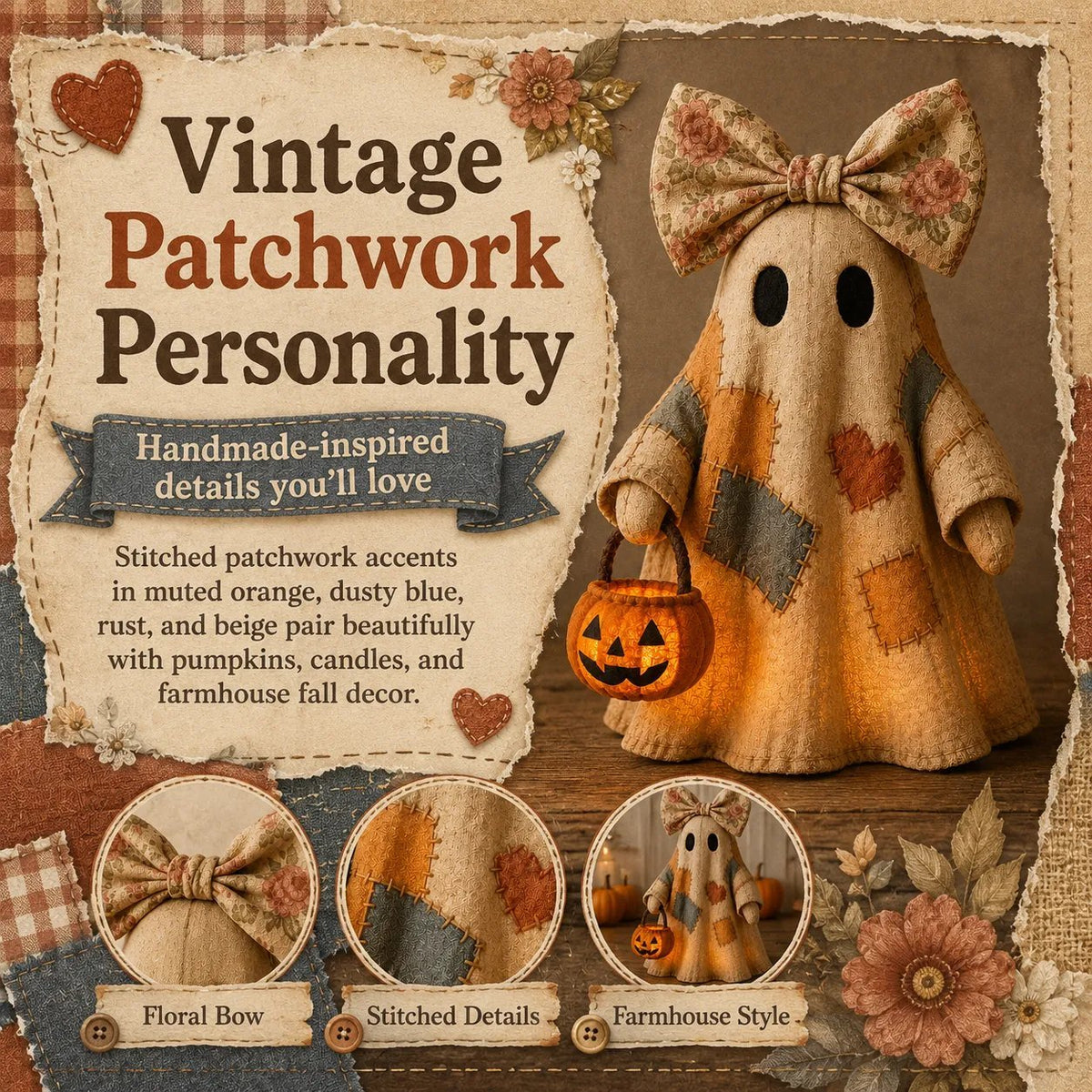🔥Hot Sale 49% OFF🔥🍂 Vintage Patchwork Light-Up Ghost with Glowing Pumpkin Pail