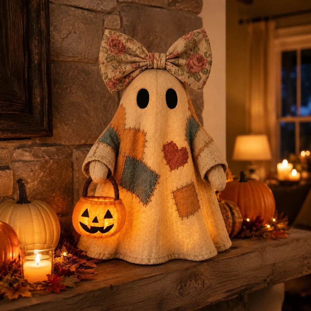 🔥Hot Sale 49% OFF🔥🍂 Vintage Patchwork Light-Up Ghost with Glowing Pumpkin Pail