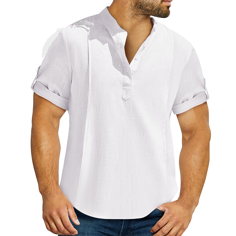 Men's linen cotton Henley shirt casual shirt short sleeve T shirt