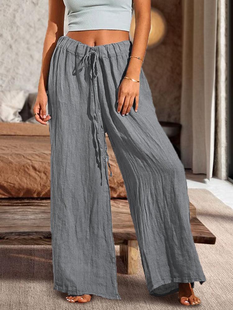 Cotton Casual Loose Soft Drawstring Wide Leg Solid Color Slit Straight Pants
