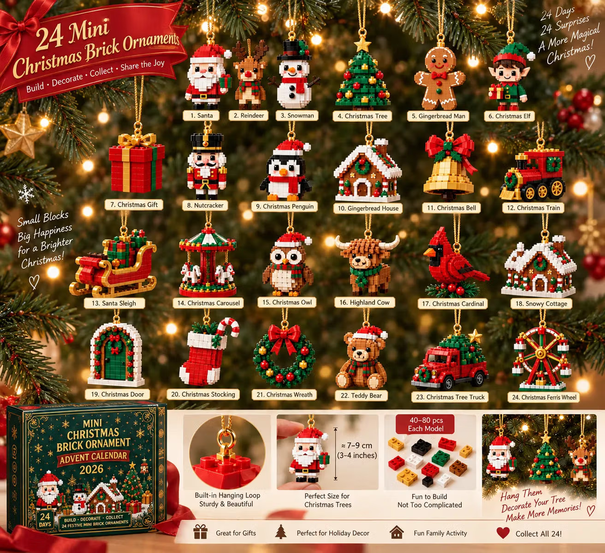 🎄 24-Day Mini Christmas Ornament Advent Calendar | 24 unique festive buildable designs with hanging loops—perfect for decorating Christmas trees, wreaths, and holiday displays 🧱