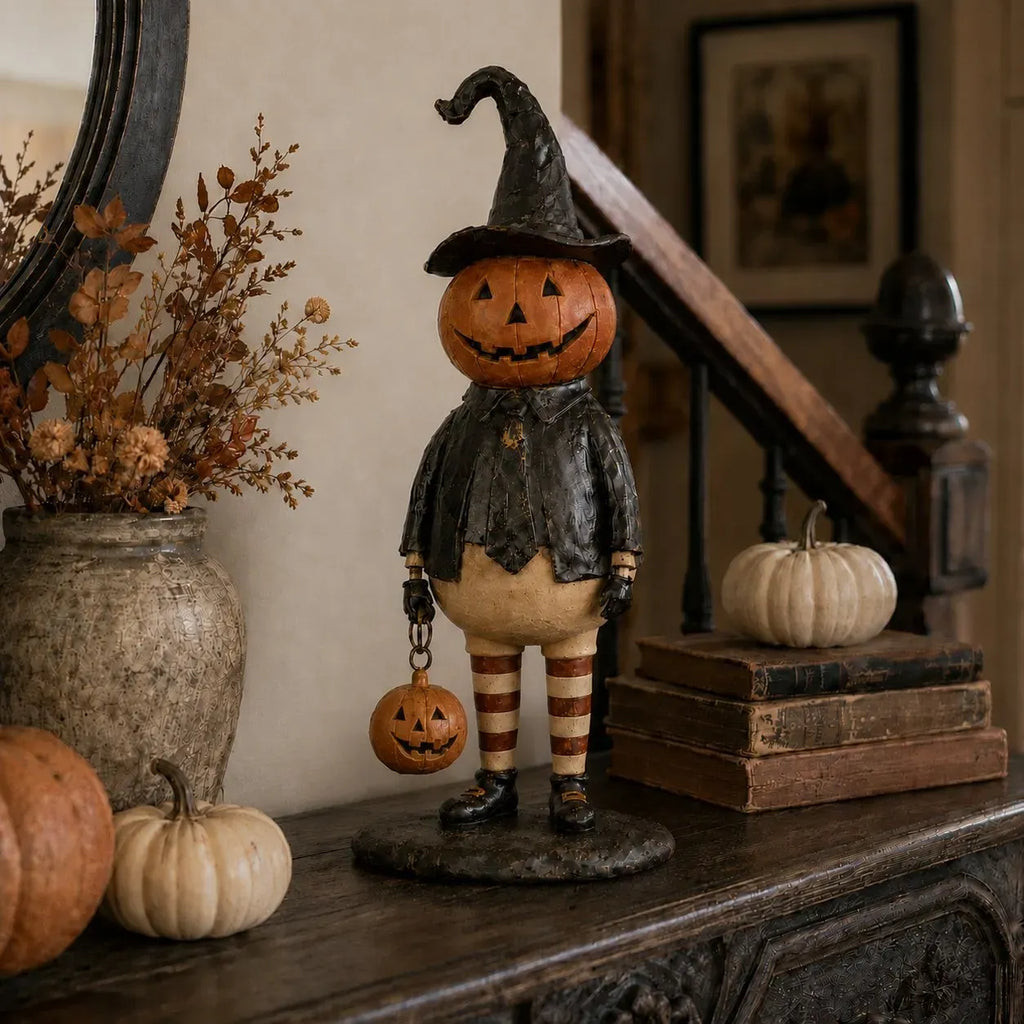 🔥HOT SALE 50% OFF🎃Halloween Pumpkin Head Figurine with Lighted Handheld Pumpkin Lantern
