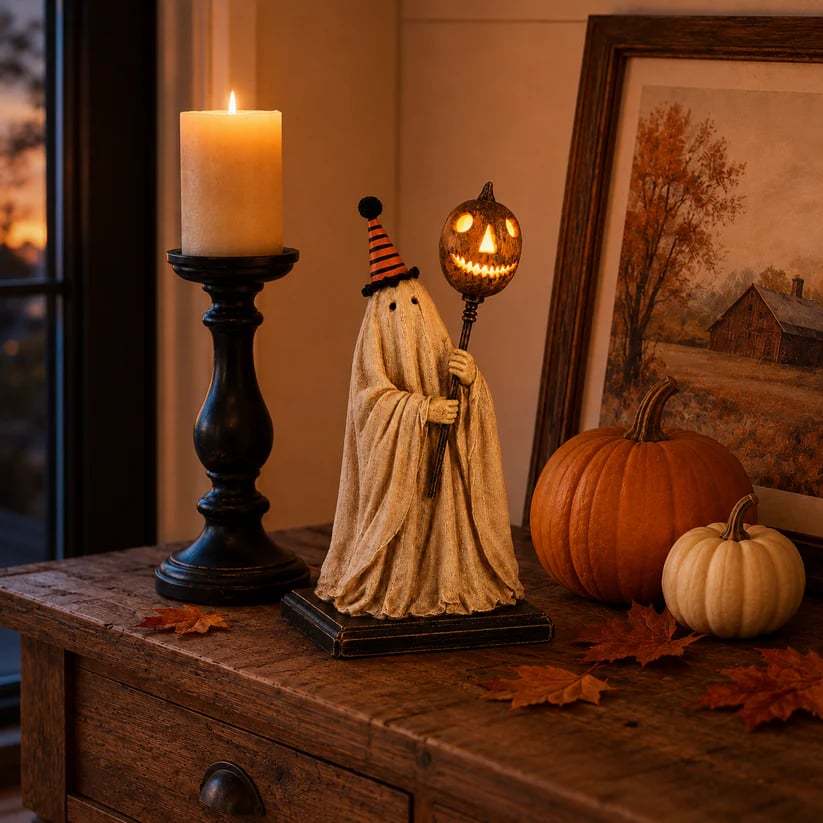 🎃Lighted Vintage Ghost Figurine with Glowing Pumpkin Staff