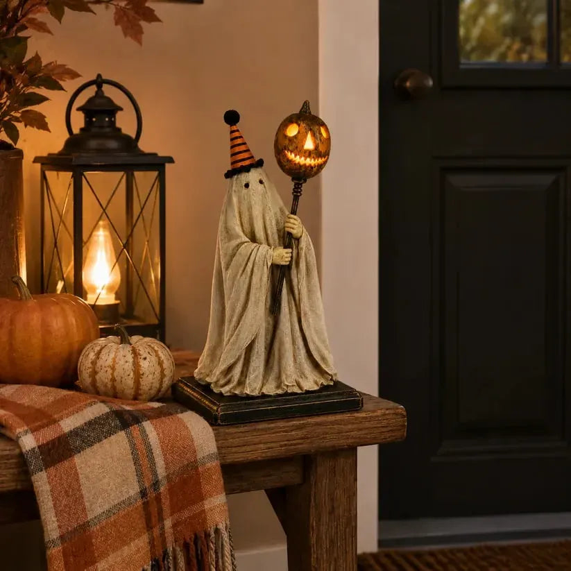 🎃Lighted Vintage Ghost Figurine with Glowing Pumpkin Staff
