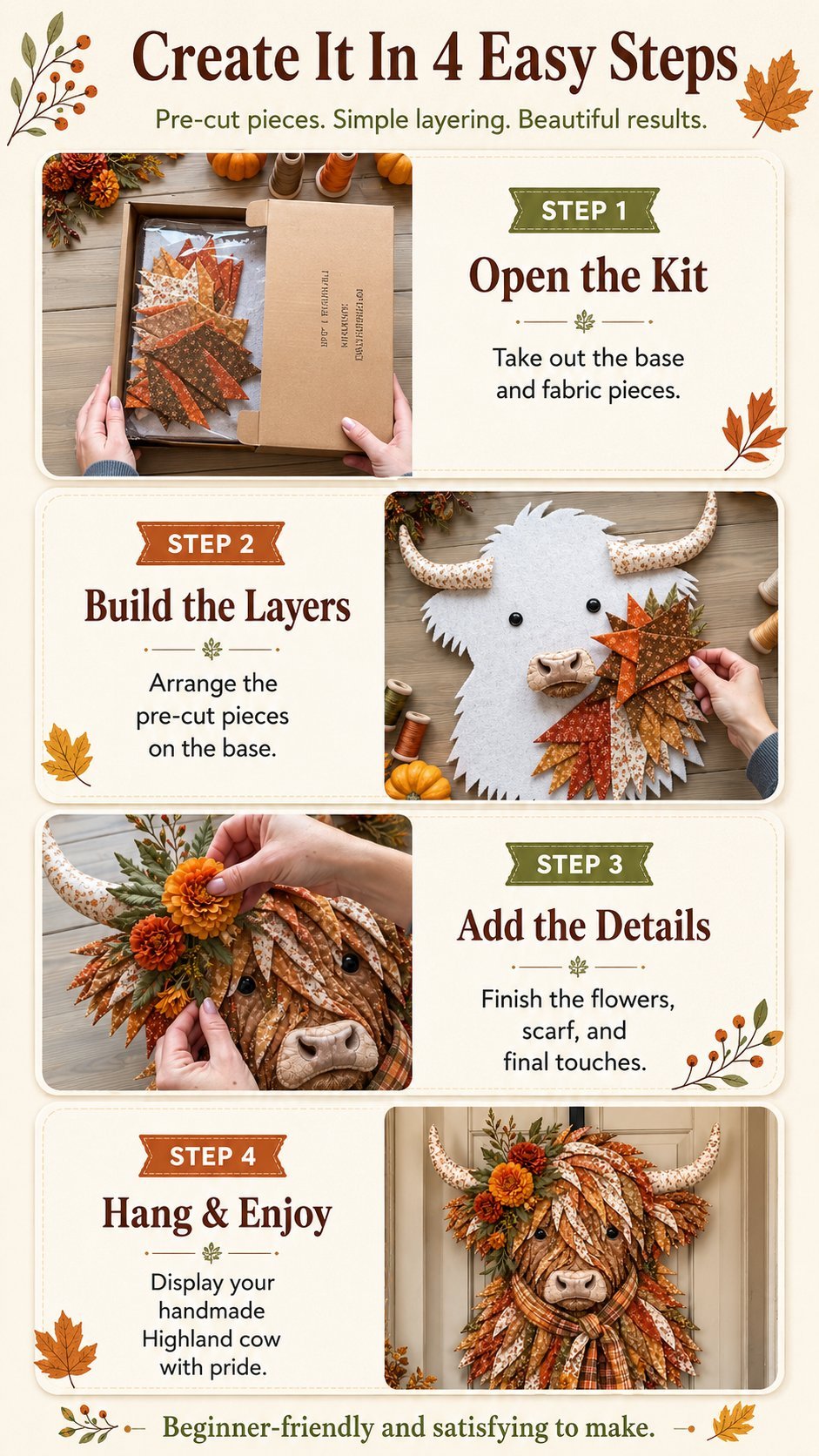 🐮💐🌸 Birth Flower Highland Cow 3D Layered Fabric Art DIY Kit (Beginner-friendly) 🔥 Buy 2 Free Shipping