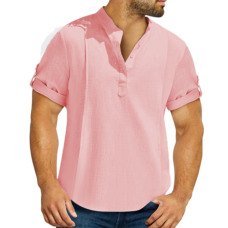 Men's linen cotton Henley shirt casual shirt short sleeve T shirt