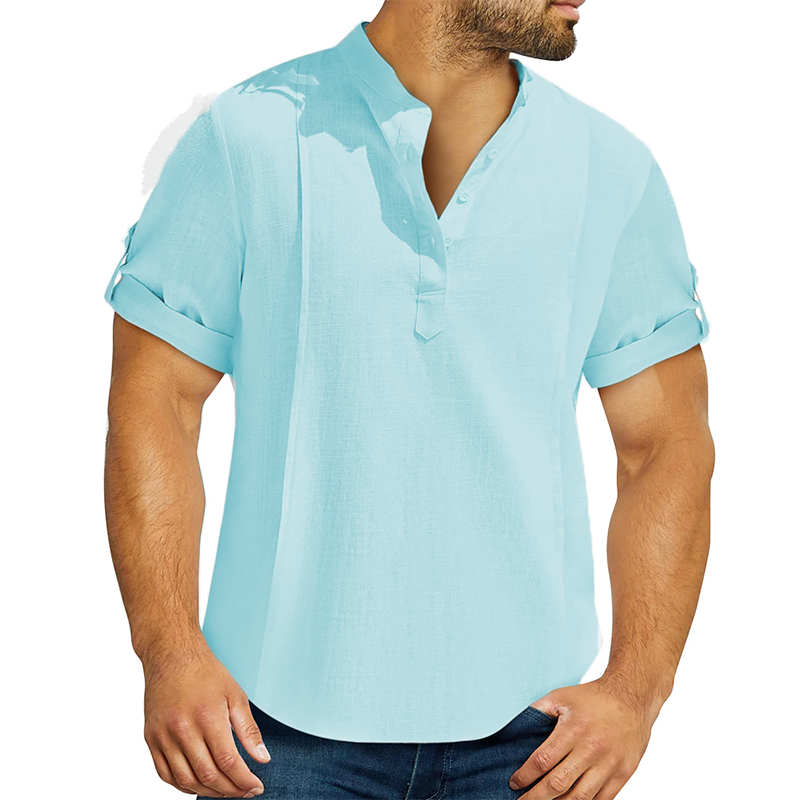 Men's linen cotton Henley shirt casual shirt short sleeve T shirt