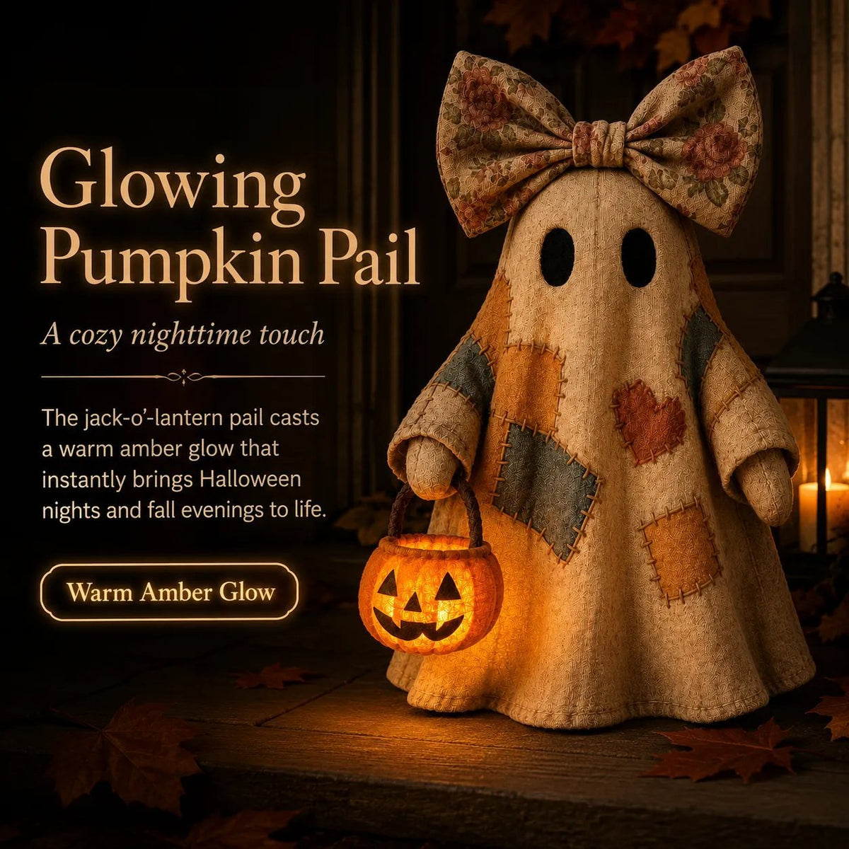 🔥Hot Sale 49% OFF🔥🍂 Vintage Patchwork Light-Up Ghost with Glowing Pumpkin Pail