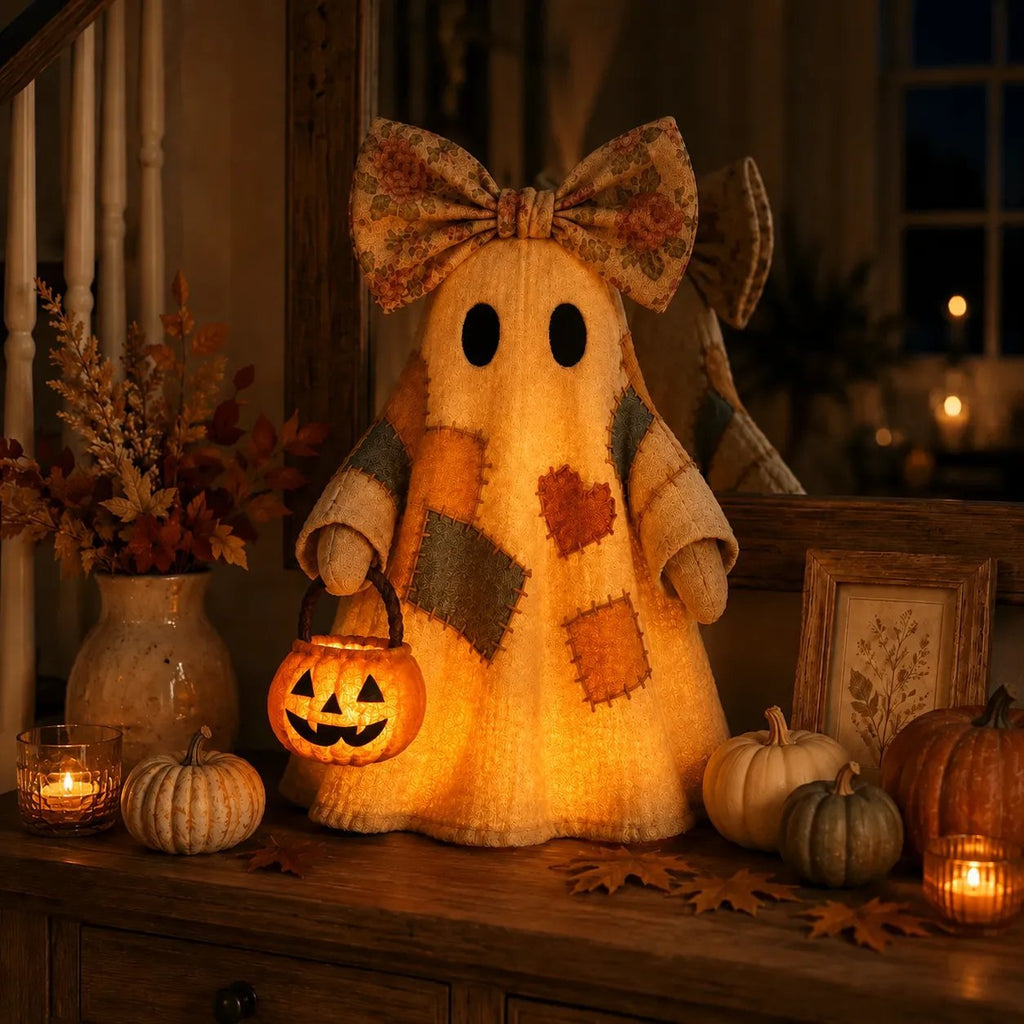 🔥Hot Sale 49% OFF🔥🍂 Vintage Patchwork Light-Up Ghost with Glowing Pumpkin Pail