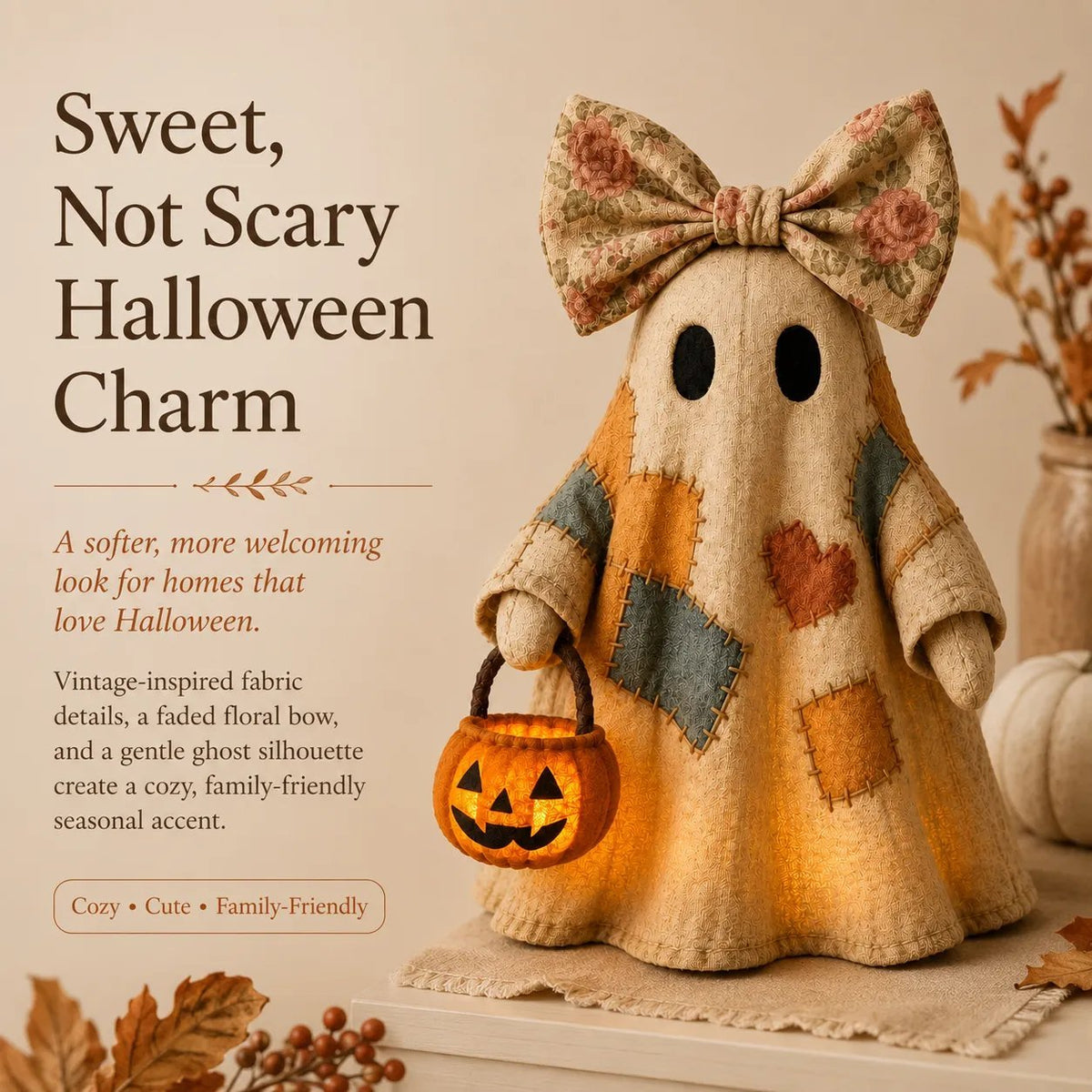 🔥Hot Sale 49% OFF🔥🍂 Vintage Patchwork Light-Up Ghost with Glowing Pumpkin Pail